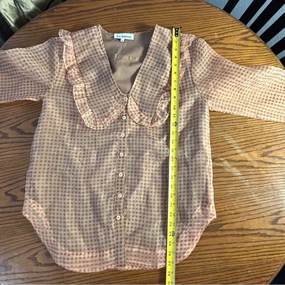 En Saison Size L Check Print Sheer Long Sleeve Blouse Ruffle Collar Lined Button - Picture 11 of 13